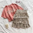 Set: Short-sleeve T-shirt + Leopard Print Tiered Mini Skirt