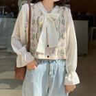 Long-sleeve Tie-neck Blouse / Floral Embroidered Button-up Sweater Vest