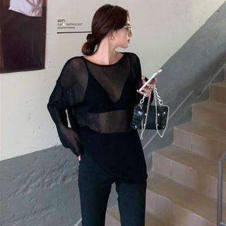 Round-neck Long Sleeve See-through Knit Top / High Waist Boot-cut Pants