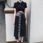 Short Sleeve Lettering Cropped Polo Shirt / Asymmetric Hem Contrast Trim A-line Skirt