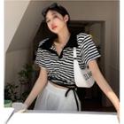 Short-sleeve Striped Drawstring Polo Shirt Stripe - Black & White - One Size