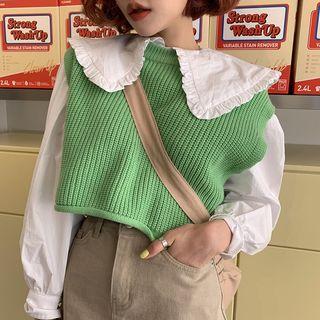 Frilled Collar Blouse / Crop Knit Vest