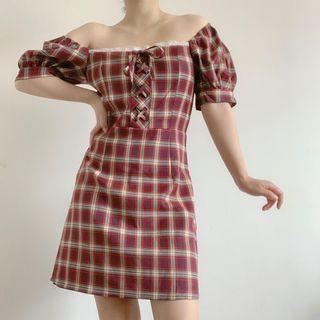 Short Sleeve Off Shoulder Lace-trim Plaid Mini Dress