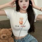 Lettering Bear Print Cropped T-shirt