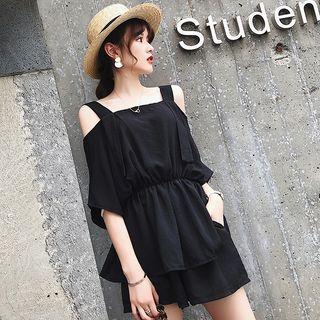 Set: Elbow-sleeve Cold Shoulder Top + Wide-leg Shorts