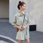 Elbow-sleeve Tie-waist Shirt Romper Green - One Size