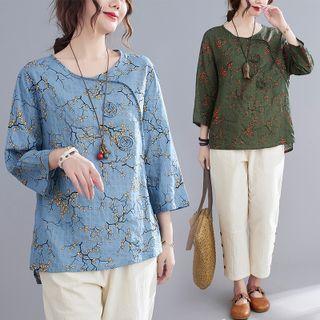Set: 3/4-sleeve Floral Print T-shirt + Harem Pants