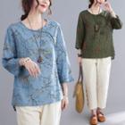 Set: 3/4-sleeve Floral Print T-shirt + Harem Pants