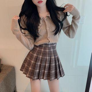Collar Cardigan / Plaid Mini A-line Pleated Skirt / Set