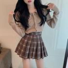 Collar Cardigan / Plaid Mini A-line Pleated Skirt / Set
