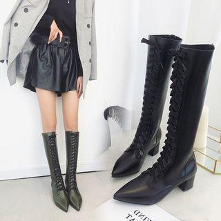 Back Zip Pointy Toe Chunky-heel Knee High Boots