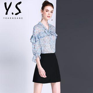 3/4-sleeve Ruffle Trim Floral Blouse