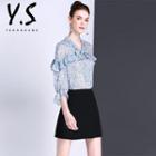 3/4-sleeve Ruffle Trim Floral Blouse