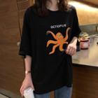 Elbow-sleeve Octopus Print T-shirt