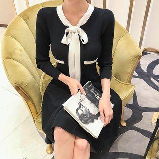 Tie-neck Flared Knit Dress