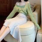 Long-sleeve Sheer Top / High-waist Slit-hem Skirt
