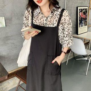 Set : Short-sleeve Leopard Print Shirt + Jumper Skirt