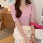 Plain Square Neck Skinny Short Sleeve Knitted Top