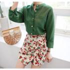 Flap-front Shirred Floral Shorts