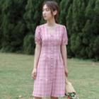 Short-sleeve Plaid Button-up A-line Dress