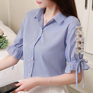 Bow Short-sleeve Striped Shirt