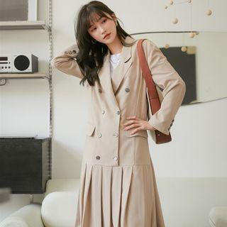 Pleated Double Breasted A-line Midi Blazer Dress