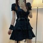 Puff-sleeve Tiered Lace Up A-line Mini Dress