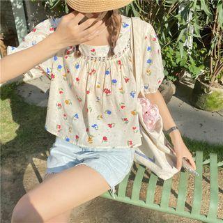 Short-sleeve Square Neck Flower Print Blouse As Shown In Figure - One Size