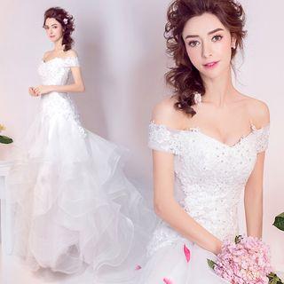 Off-shoulder Lace Panel Crystal Wedding Dress