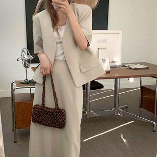 Set: Short-sleeve Plain Blazer + Midi Pencil Skirt Set - Khaki - One Size