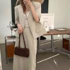 Set: Short-sleeve Plain Blazer + Midi Pencil Skirt Set - Khaki - One Size