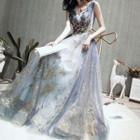 Floral Sheer Sleeveless A-line Evening Gown