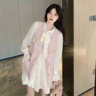 Plaid Tweed Vest / Long-sleeve Dress