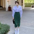 V-neck Blouse / Midi Pencil Skirt With Belt