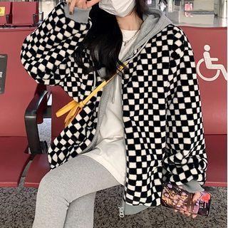 Hooded Checkered Zip Jacket Black - One Size