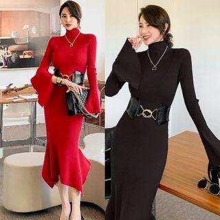 Asymmetric Turtleneck Bell-sleeve Midi Dress