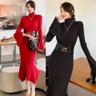 Asymmetric Turtleneck Bell-sleeve Midi Dress