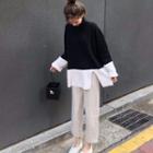 Mock Turtleneck Color Block Sweater / Cropped Straight-cut Pants