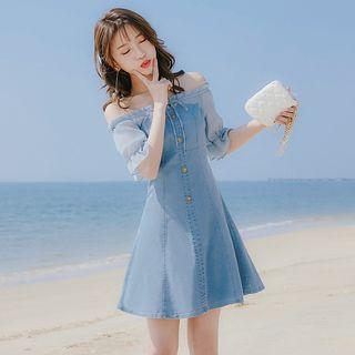 Elbow-sleeve A-line Mini Denim Dress