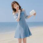 Elbow-sleeve A-line Mini Denim Dress
