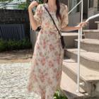 Short-sleeve V-neck Elastic-waist Floral Chiffon Dress