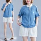 Cut-out Short-sleeve Denim Blouse