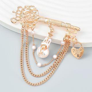 Lock & Key Faux Pearl Alloy Brooch Gold - One Size