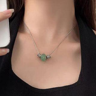 Faux Gemstone Pendant Stainless Steel Choker Green & Silver - One Size