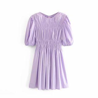 Puff-sleeve Shirred A-line Dress