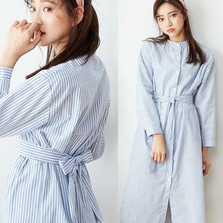 Stand Collar Striped Shirtdress Light Blue - One Size
