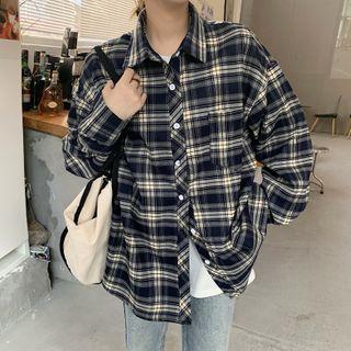 Long-sleeved Plaid Shirt Shirt - Plaid - Navy Blue - One Size