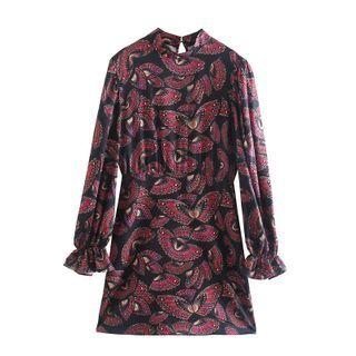 Long-sleeve Mock-neck Fan Print A-line Dress