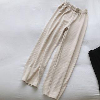 Elastic-waist Ribbed Plain Wide-leg Pants
