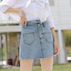 Asymmetrical Buttoned Washed Denim Skirt